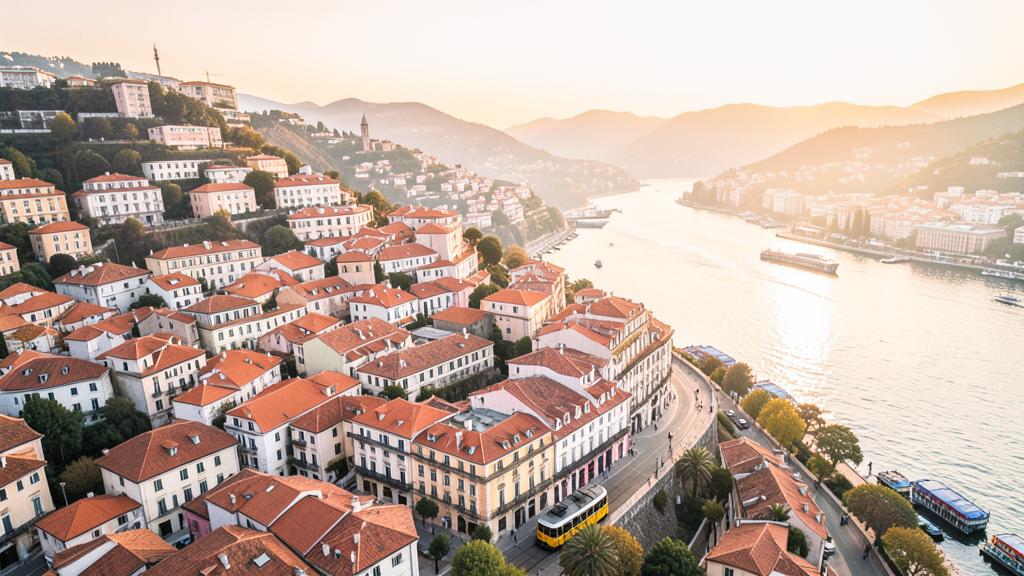 Aerial view of Lisbon with terracotta rooftops and the Tagus river at sunset