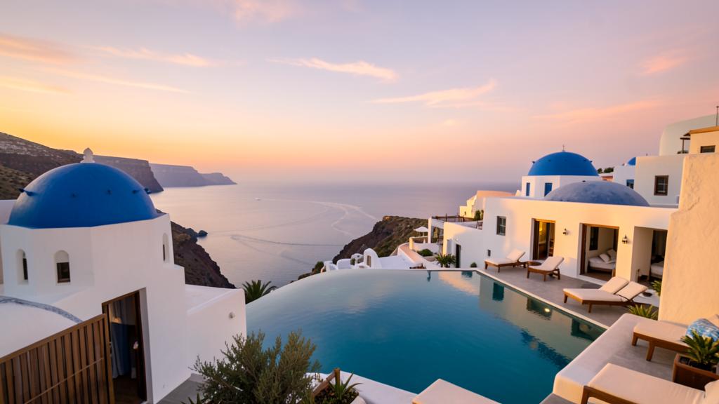 Santorini luxury pool suite with white buildings and blue domes overlooking the Aegean sea